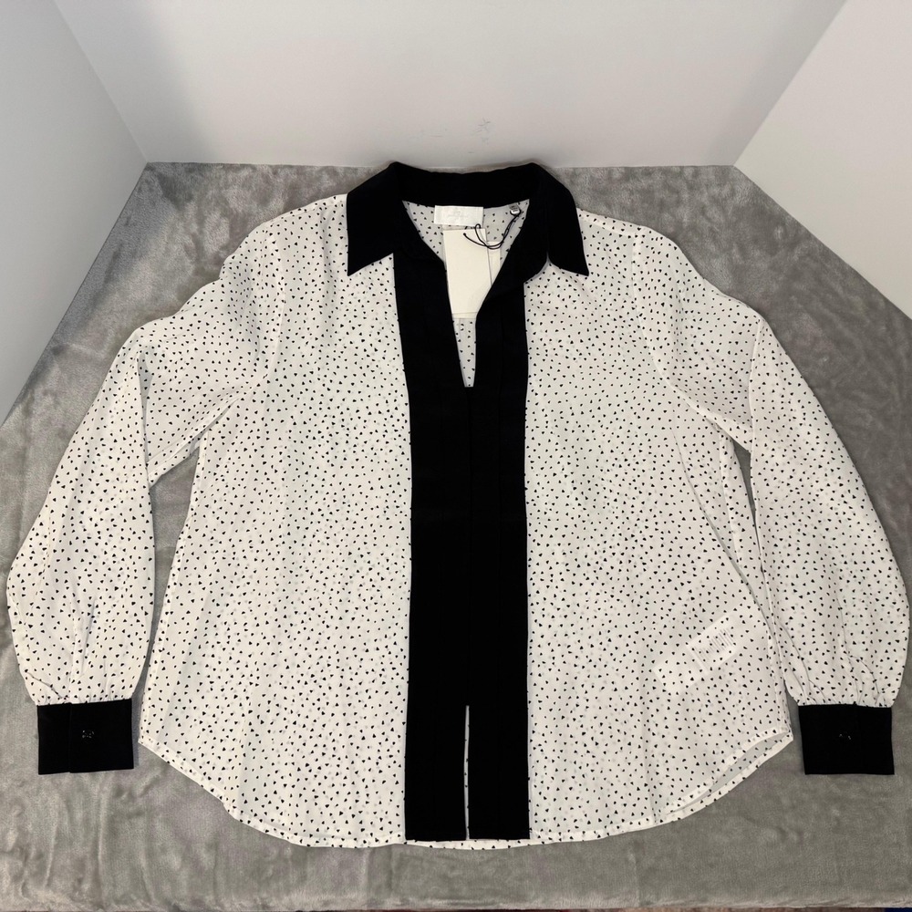 7 For All Mankind Women Sz XS Flecked Long Sleeve Button Blouse White Black NWT‎